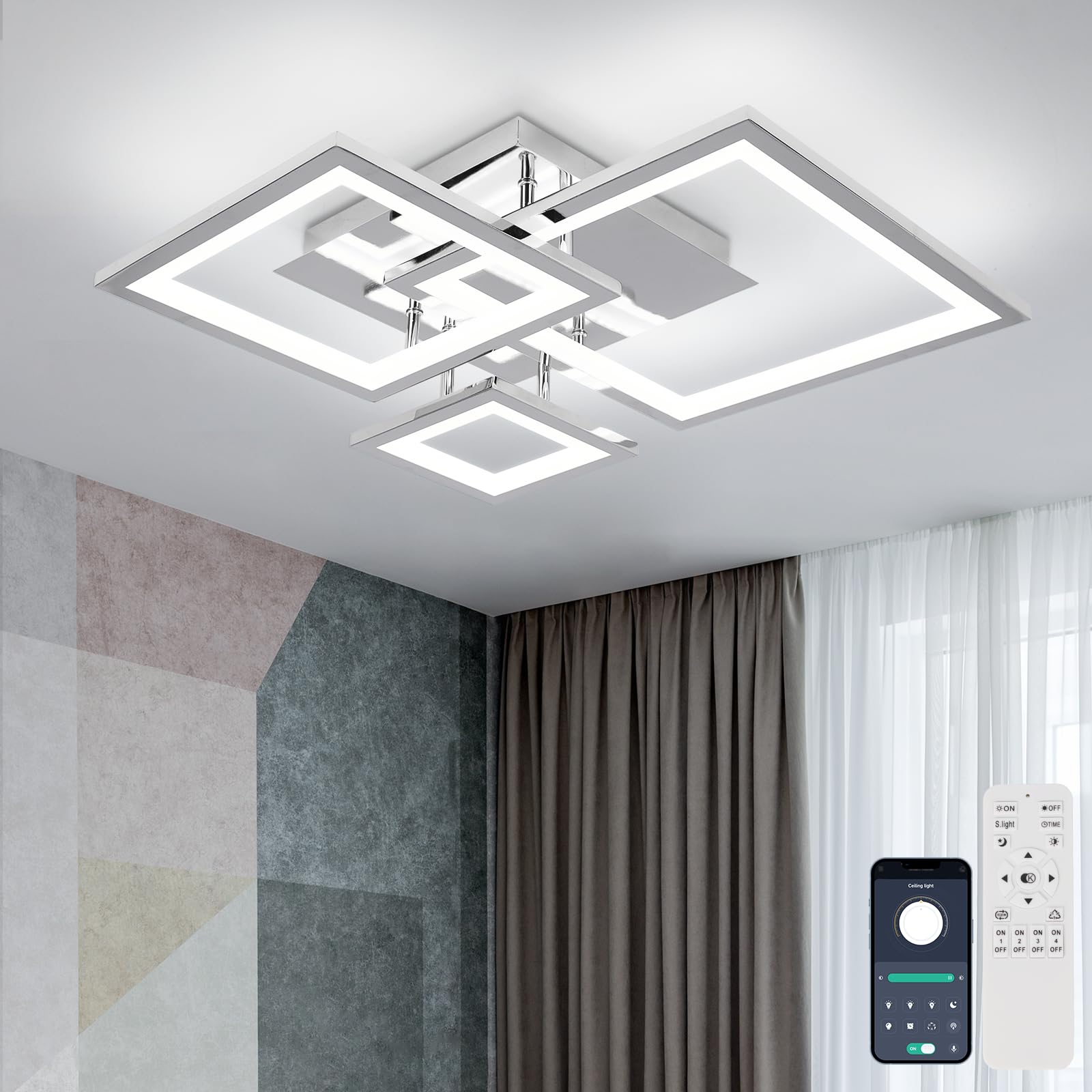 EIDISUNY Modern Led Ceiling Light 3-Square Design 3000K-6500K LED Dimmable Ceiling Lights with Remote Control Silver Ceiling Lighting Fixture for Bedroom Kitchen Dining Room Office Living Room - 36W