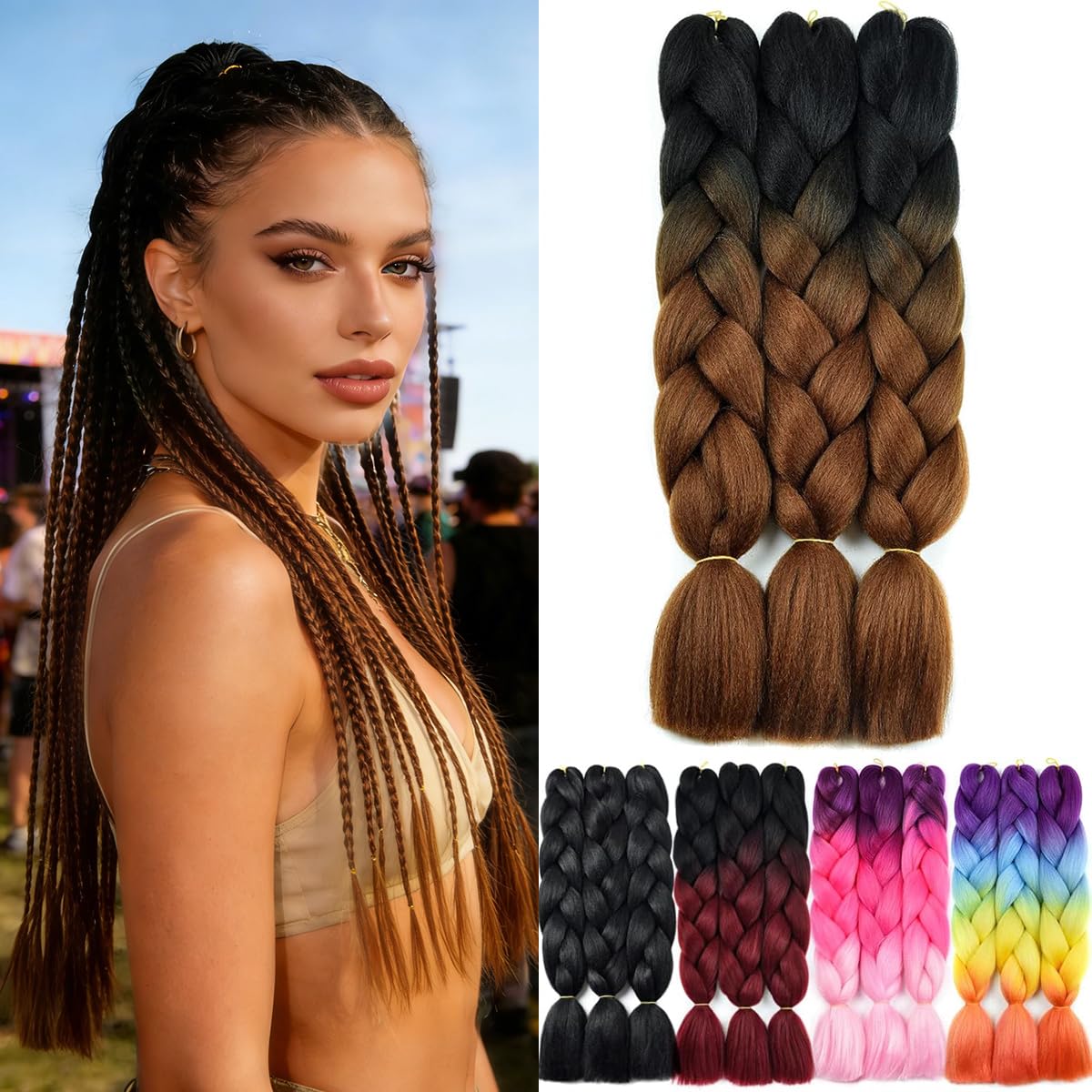 Yamel Kanekalon Braiding Hair Synthetic Hair Extensions for Braiding Crochet Twist Box Braids 24 Inch 2 Tone Ombre Black Brown 3 Packs Jumbo Braiding Hair — image 1