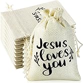 Supervitae 30 Pcs Christian Burlap Gift Bags with Drawstring 4x6 Inch Jesus Loves You Bulk Bag Gifts Religious Bible Party Favor Wrapping Small Jewelry Pouch for Church Baptize Easter Winter Party