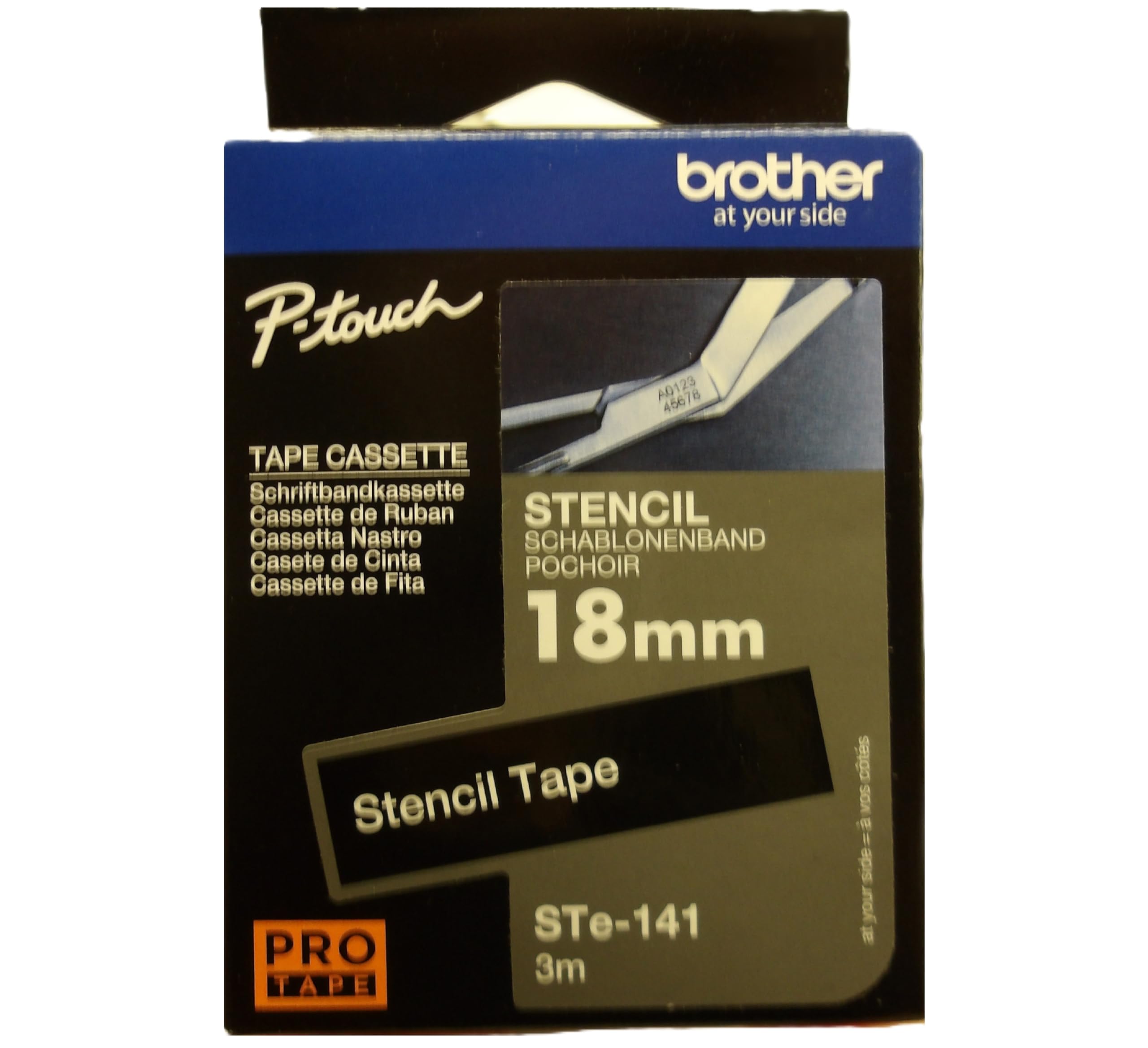 Brother STe-141 Labelling Tape Cassette, 18mm (W) x 3M (L), Stencil Tape, Brother Genuine Supplies Black on White