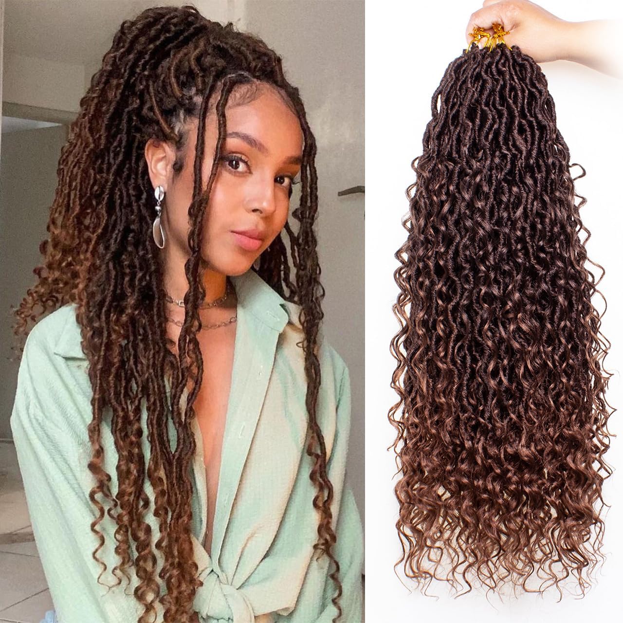 Mscat 8 Packs Ombre Goddess Faux Locs Crochet Hair Soft Locs With Curly Ends Pre-looped Synthetic 24Inch Bohemian Locs Crochet Braids Hair Extensions (12Strands/Pack T30#)