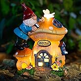 Garden Gnome Statues Figurine Lights - Solar Powered Lighting Outdoor Decorations, Gnome Build Mushroom Fairy House, Yard Art Lawn Ornaments for Porch Patio Balcony - Gnome Gifts for Women Mom