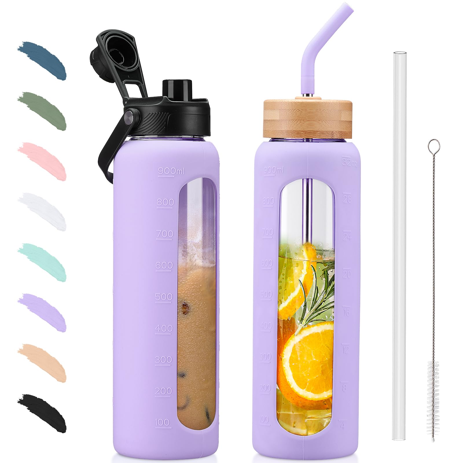 BLUEGO 900ml Glass Water Bottle with Straw and 2 Lids Glass Coffee Cup with Time Marker and Silicone Protector Glass Tumbler for Beverages Soda Cola BPA Free, Purple