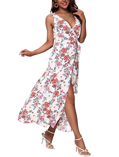 HWOKEFEIYU WOMEN’S SUMMER BOHEMIAN FLORAL CASUAL WRAP V SLEEVELESS SPLIT PARTY MAXI SUN DRESS(FLOWER RED PEONY WHITE,X-LARGE)