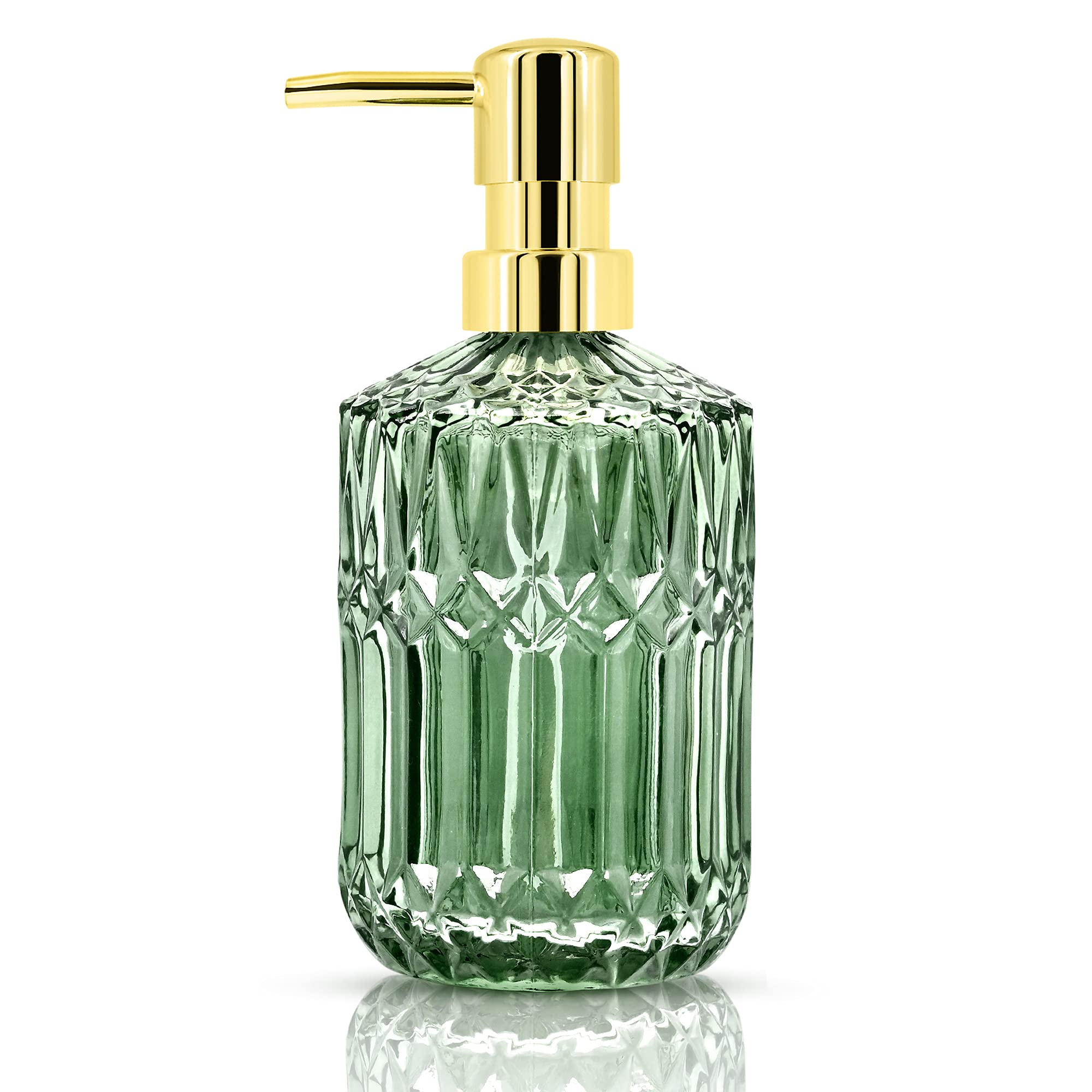 Glass Soap Dispenser, 400ml Clear Refillable Wash Hand Liquid, Dish Detergent, Shampoo Lotion Bottle with Pump for Bathroom, Kitchen, Laundry Room (Green)