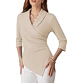 GRACE KARIN Women Dressy Wrap Work Tops,V Neck Business Casual Blouses, 3/4 Sleeve Ruched Elegant Shirts