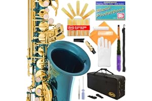 Lazarro Professional Sea Blue Body Gold Keys E-flat Eb Alto Saxophone Sax with 11 Reeds, Case, Music Book, Mouthpiece and Many Extras, 360-SB
