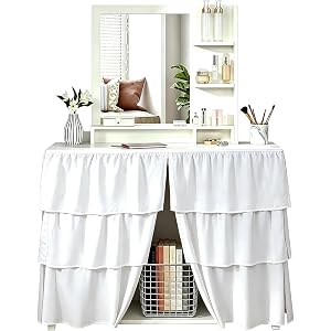 Yqstaris White Dorm Table Skirt 42" L x 30" H x 24" W Three Layer Ruffled Tablecloth with Split Front & Corners Ruffle Table