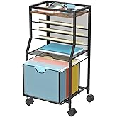 BOHDK Rolling File Cart, 6-Tier Desk File Organizer on Lockable Wheels, Brown Wood Planks & Mesh Sliding Hanging Folder Drawer, Organization Cart for Office Home School