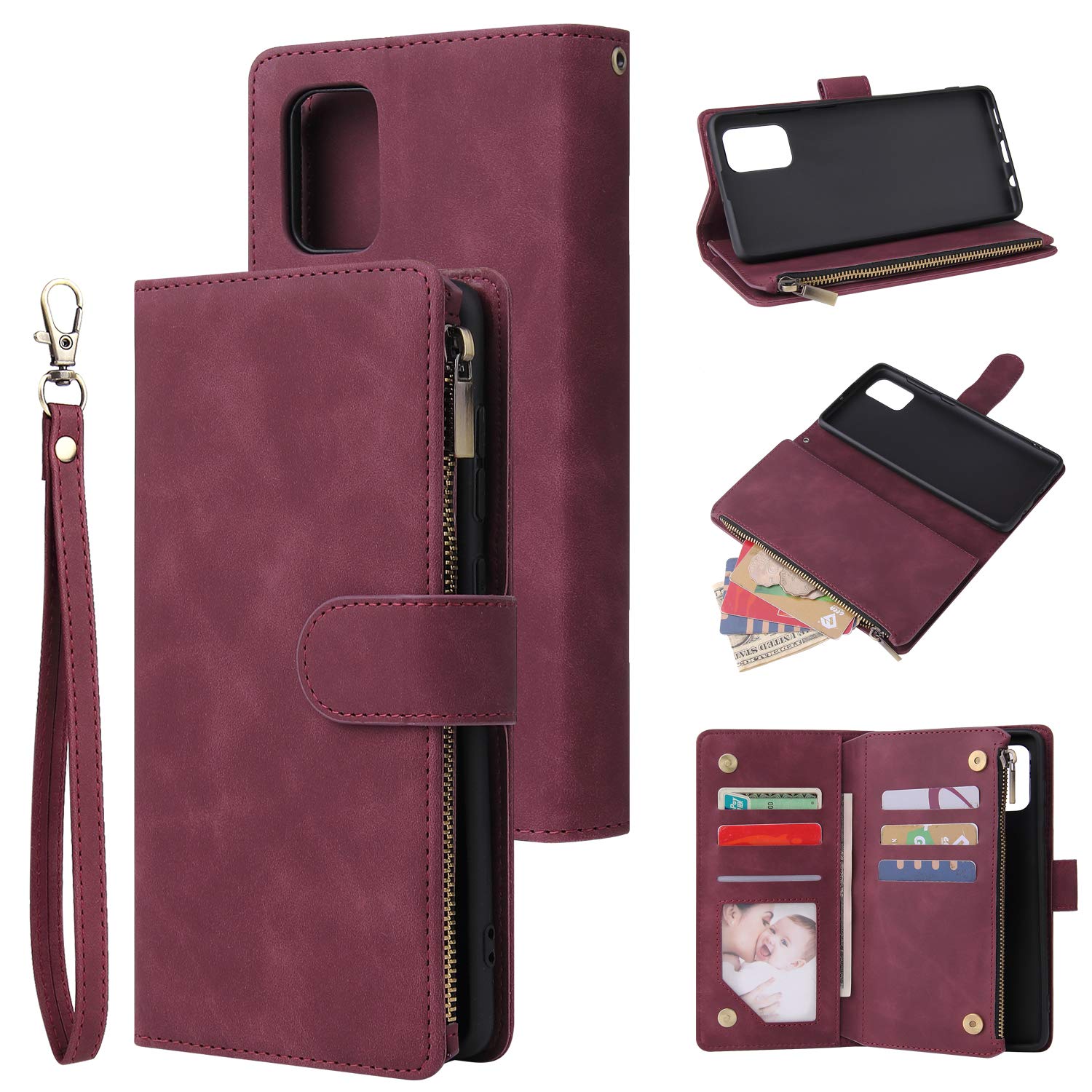 QLTYPRI Case for Samsung Galaxy A71, Large Capacity Leather Wallet Case 6 Card Holder & 1 Zipper Pocket Kickstand Wrist Strap Magnetic Protective Cover for Samsung Galaxy A71 - Red