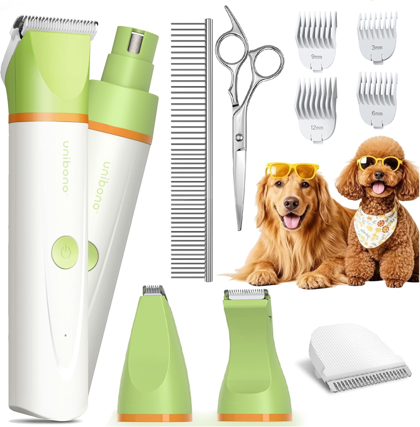 Unibono Dog Grooming Clipper Kit, Quiet Cordless Pet Clipper for Dogs & Cats, Silent Dog Cat Shaver for Paws, Claws, Eyes, Ears, Face with Grooming Scissors Comb, Green