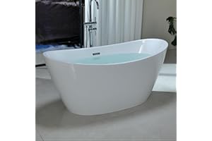 Empava Freestanding Bathtub, Flatbottom Acrylic Soaking Tub, Contemporary Stand Alone Design with Brushed Nickel Drain & Overflow, Glossy White, cUPC Certified, 59 Inch