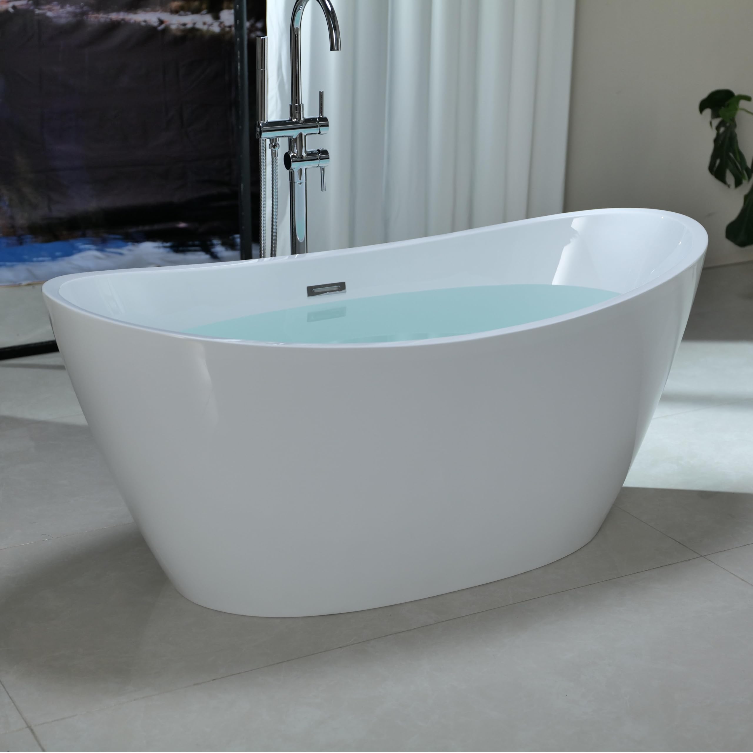 Photo 1 of **CRACKED IN TUB CHECK PHOTOS**Empava Freestanding Bathtub, Flatbottom Acrylic Soaking Tub, Contemporary Stand Alone Design with Brushed Nickel Drain & Overflow, Glossy White, cUPC Certified, 59 Inch