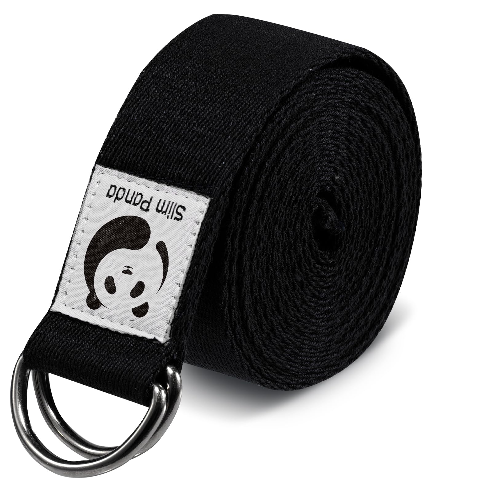 Slim Panda Yoga Belt Pilates Yoga Straps Stretch for Exercise Workout Dance, 100% Cotton Yoga Belt with Safety D Ring Buckles for Stretching, Flexibility(Black 180CM)