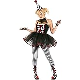 Women's Twisted Harlequin Clown Costume Dress - Creepy Clown Leotard w/Leggings & Hat, Jester Costume for Women