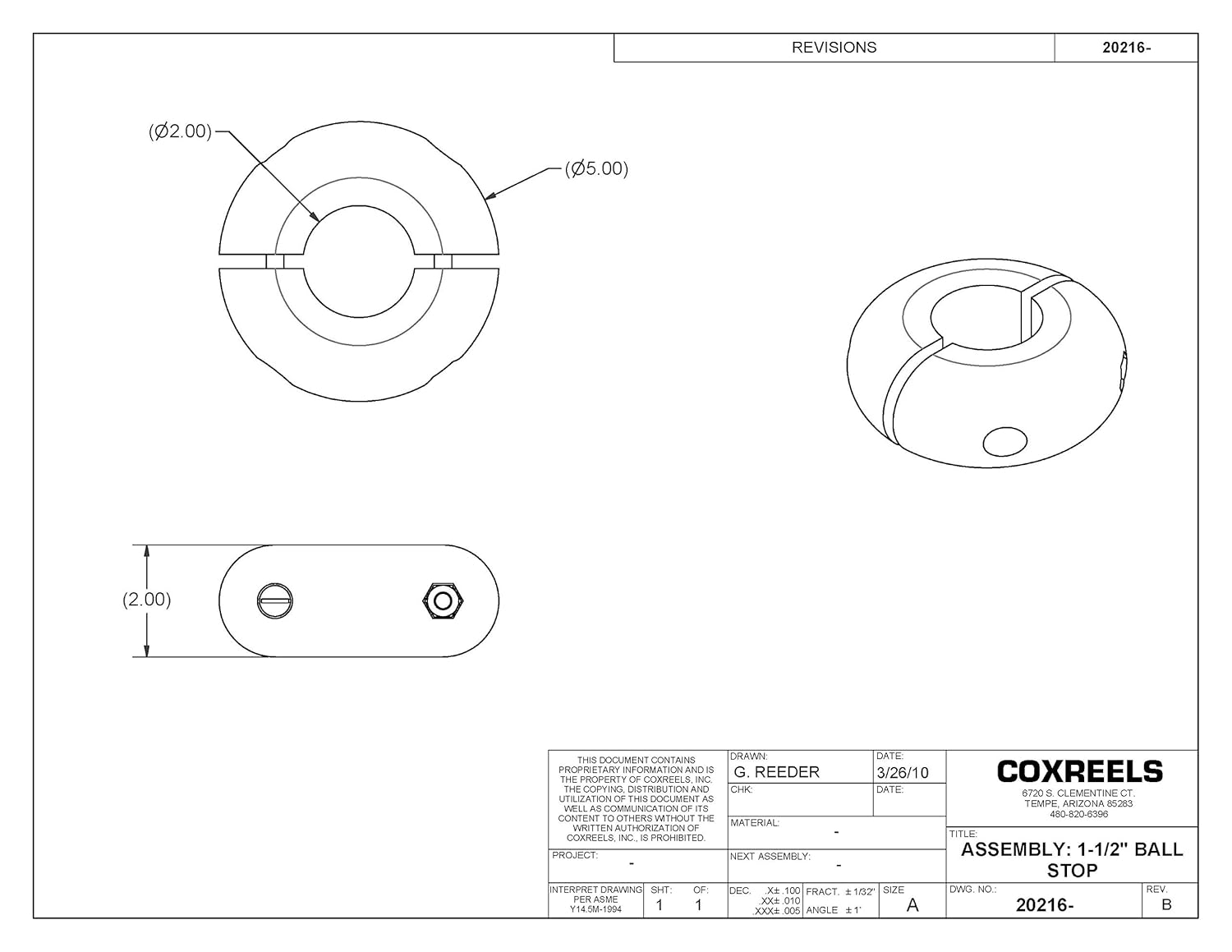 Coxreels 20214 Hose Ball Stop for Spring Driven Reel, fits 1" ID Hose. - - 