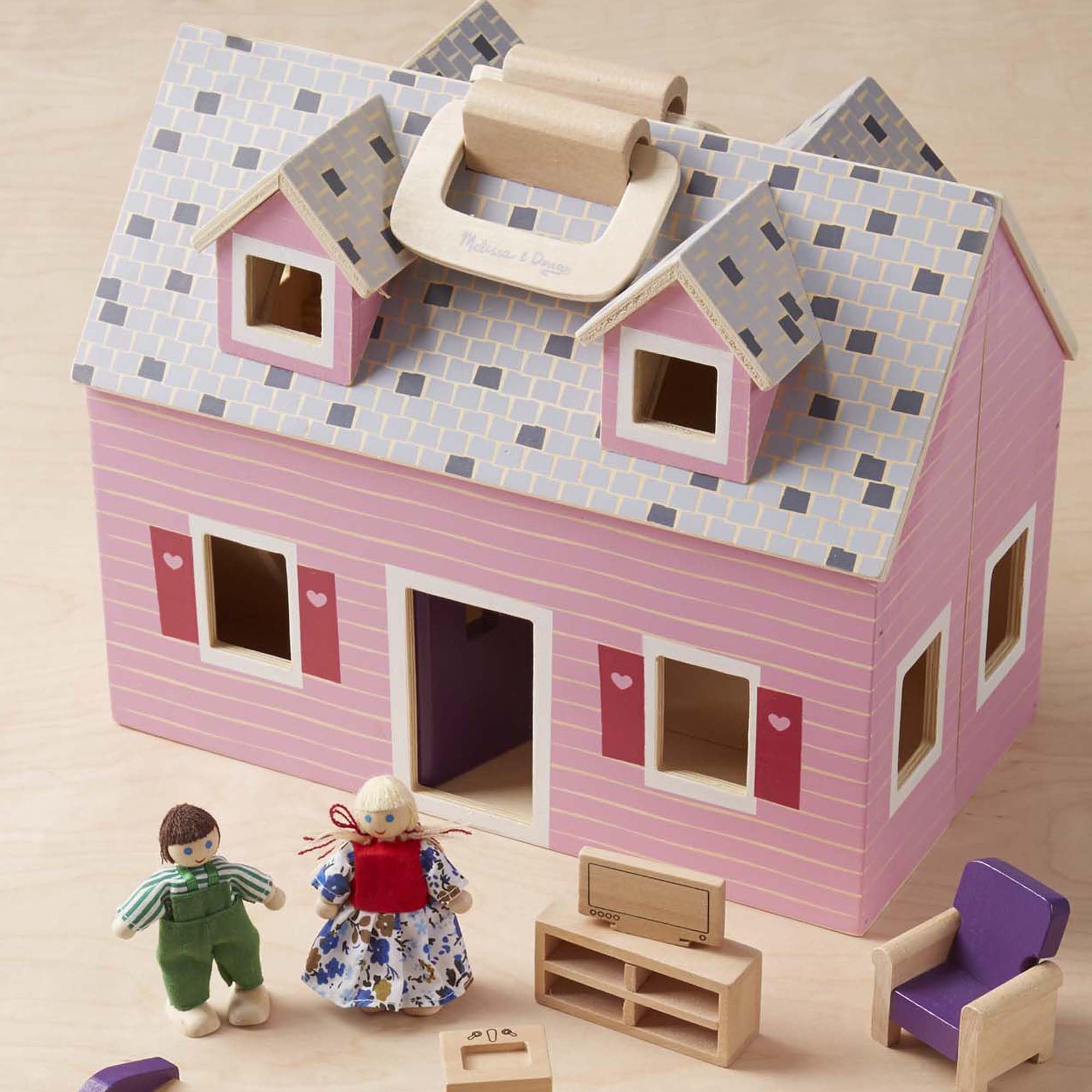 Melissa & Doug Fold and Go Wooden Dollhouse with 2 Dolls and Wooden Furniture,Multi,One Size