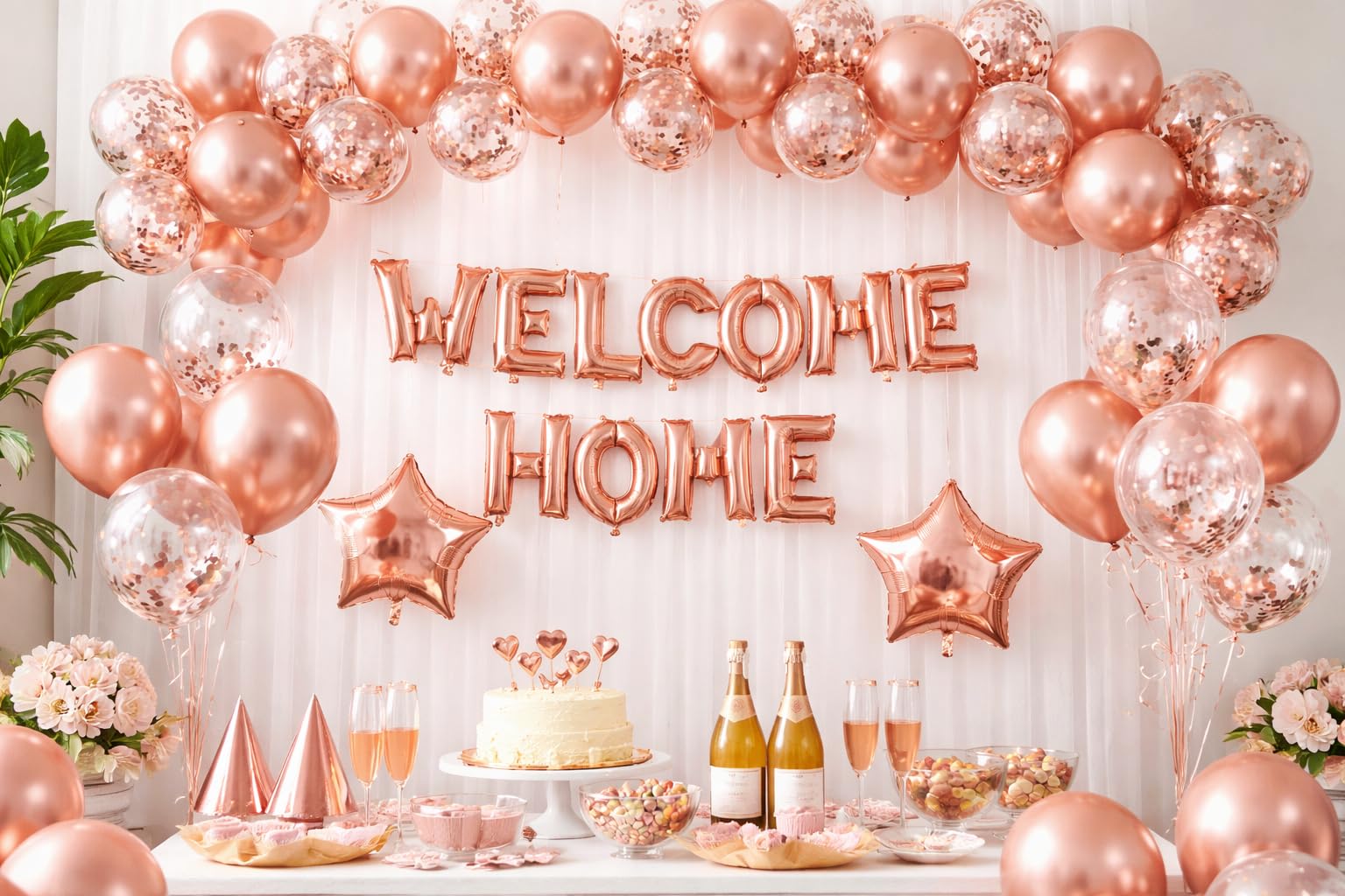 Inflate Decorate Welcome Home Letter Balloon Banner with Star Sequin Balloons for Home Family Party Decorations 35pcs (Rose gold)
