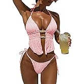 ZAFUL Halter Swimsuits for Women Textured Backless 2 Piece Bathing Suits Cheeky High Cut String Tie Side Bikini Sets