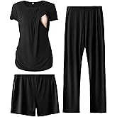 SUNNYBUY Womens Maternity Nursing Pajamas Set, Short Sleeve Breastfeeding Shirts,Pregnancy Shorts & Pants 3 Piece Nursing PJS