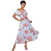 ADOR Women's Off Shoulder Floral Dresses Maxi A Line Long Flowy Ruffle Ruched Beach Belted Boho Wedding Guest Dress