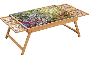 Rose Home Fashion 1500PCS Folding Puzzle Table, Puzzle Board with Foldable Legs and 4 Drawers & Cover, 34" x 26" Wooden Puzzle Table for Bed, Puzzle Tables for Adults, Portable Folding Puzzle Tray