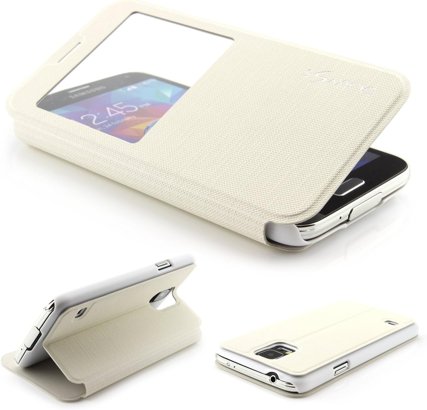 Galaxy S5 Mini Case, Urcover Flip Cover with [ S-View Window & Stand-Function ] [ Exact Fit ] Protective Wallet Case for Samsung Galaxy S5 Mini 4.5 ´inch - White Version 1