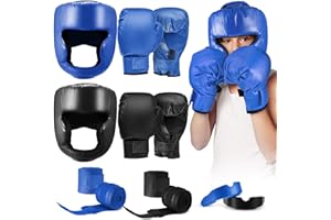 Kanayu 12 Pcs Kids Boxing Equipment Set for Beginners Ages 6-18 Years Including Boxing Helmet and Gloves Hand Wraps Sport Mouthguards Taekwondo Sparring Gear for Kids and Children