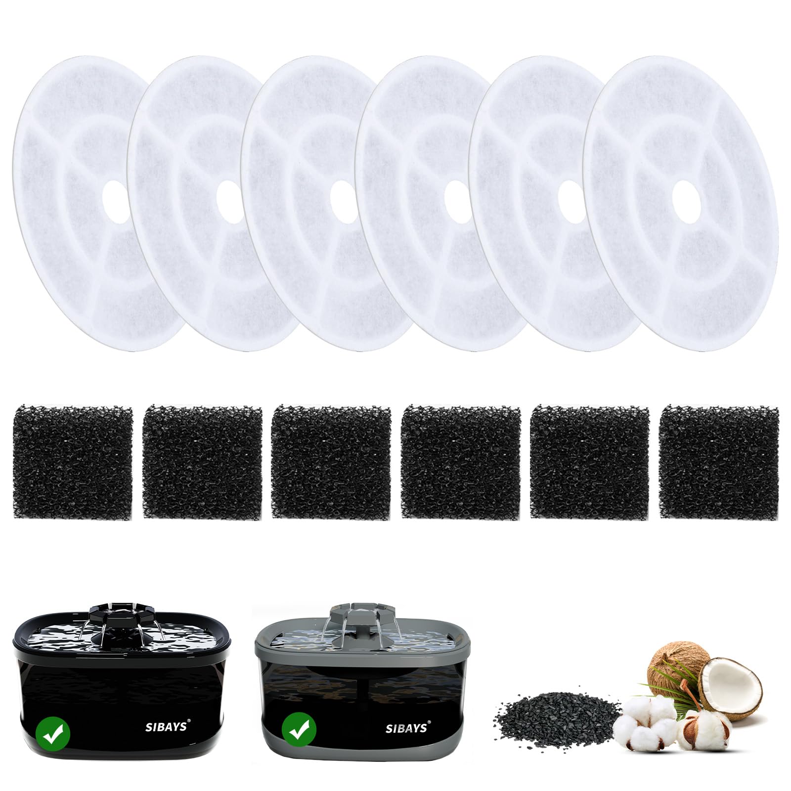SIBAYS 6 Pack 7" Dog Water Fountain Filters, Pet Water Fountain Replacement Filters for 9.5L/2.5Gal Large Dog Water Fountain, PP Cotton and Coconut Shell Activated Carbon