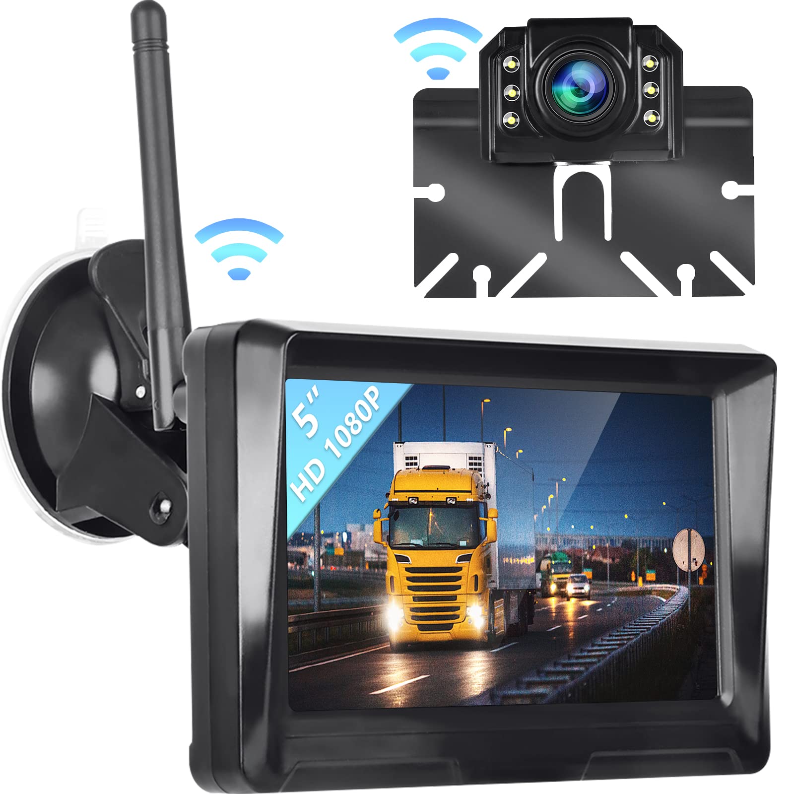 Hodozzy Reversing Camera Digital Wireless Set with 5 Inch LCD Monitor, HD 1080P Wireless Reversing Camera, IP 69 Waterproof Super Night Vision Car Camera for Motorhome/Truck/Trailer/SUV 12V-24V