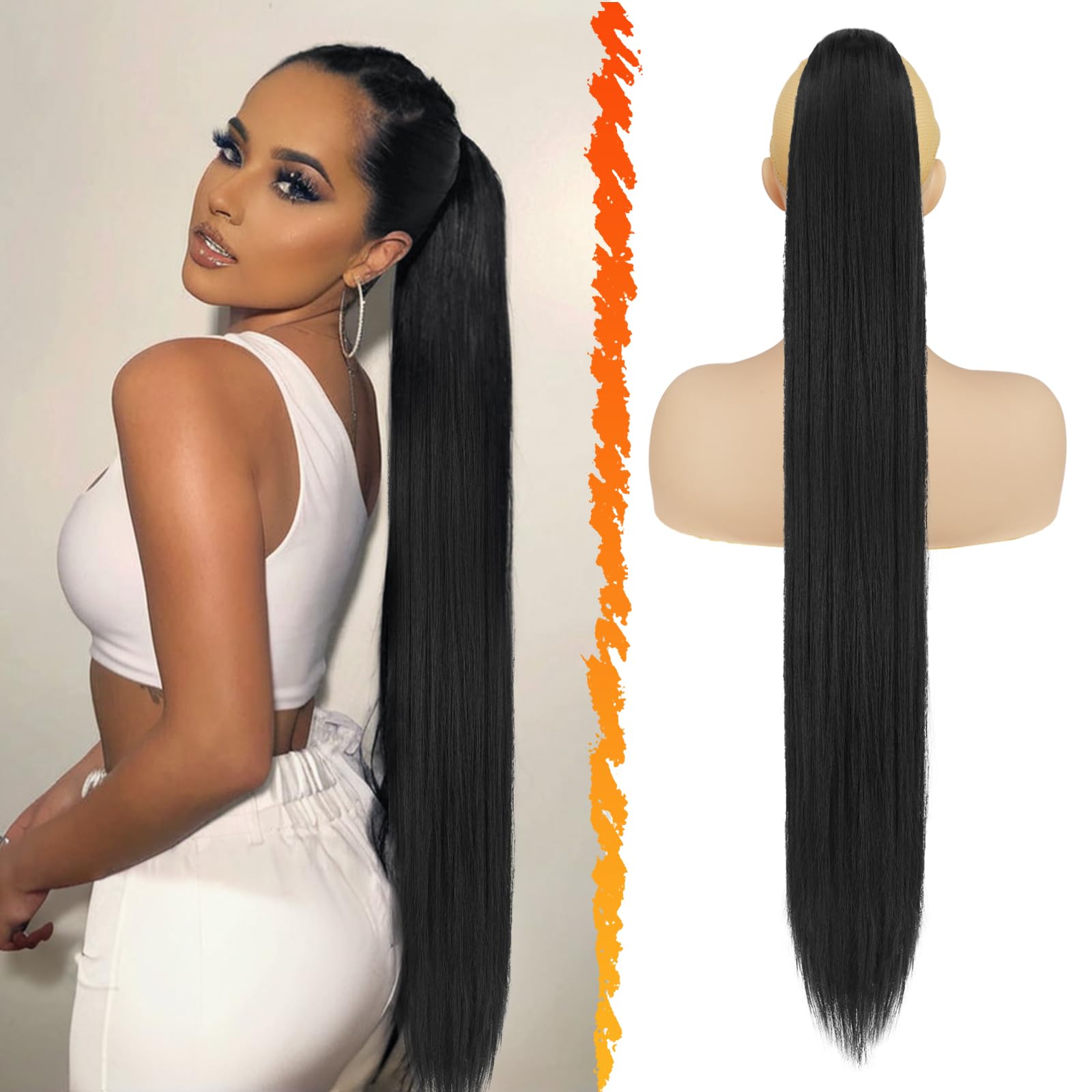 BARSDAR Black Ponytail Extension, 34 Inch Drawstring Long Straight Ponytail Hair Extensions Synthetic Fake Pony Tails Hairpieces Clip in Ponytail Extension for Women Girls Daily- Jet Black