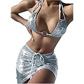 Women's 3 Piece Snakeskin Print Metallic Bikini Sexy Halter Backless Swimsuit Festival Outfit with Drawstring Mini Skirt