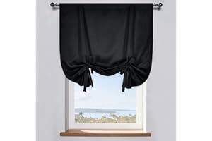 DONREN 99% Blackout Thermal Insulated Adjustable Tie Up Shade Curtain with Rod Pocket Top - 34 Wide by 45 Inch Long (Black,1 Panel)