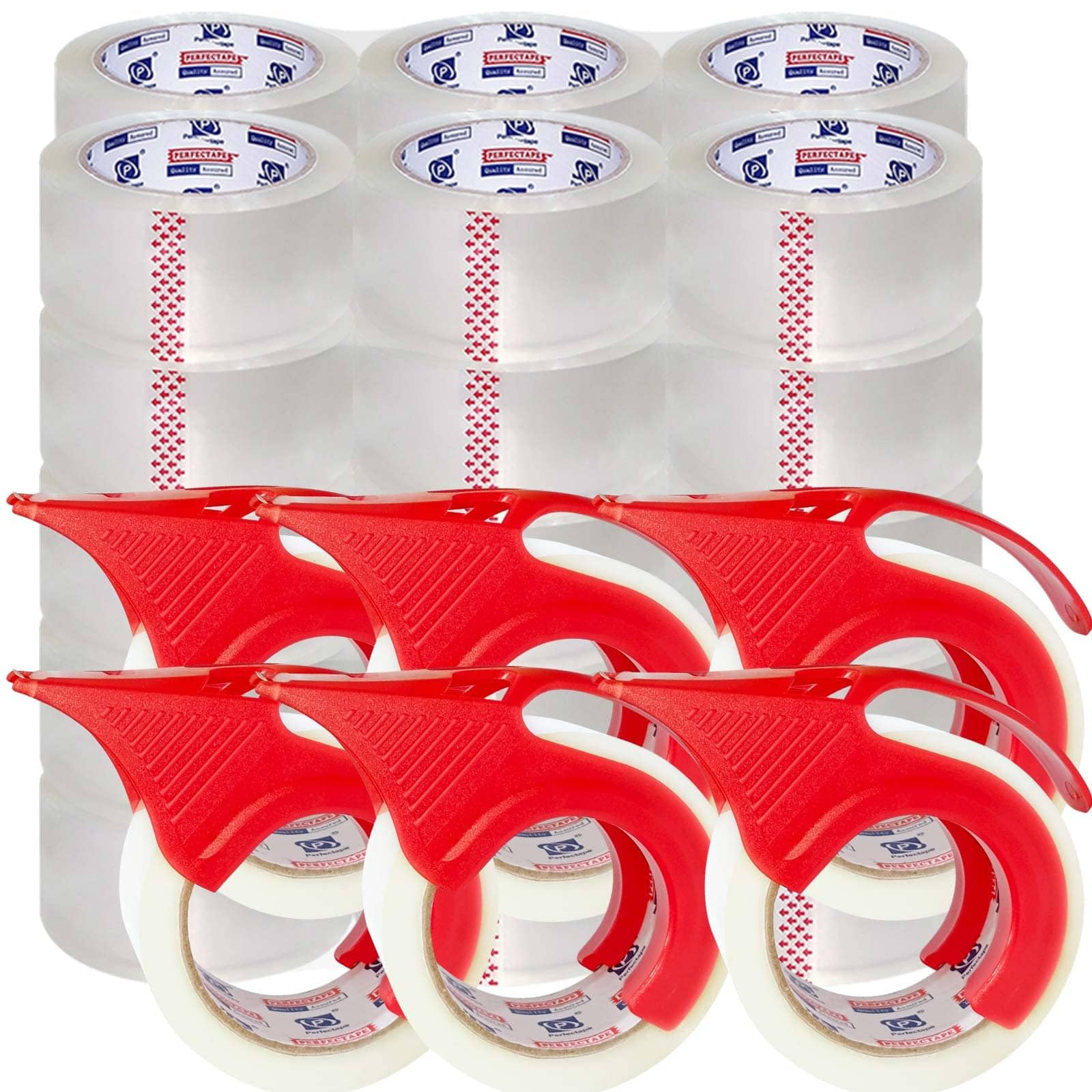 P PERFECTAPE Heavy Duty Packing Tape 36 Rolls with 6 Dispensers, Total 1980Y, Clear, 2.7 mil, 1.88 inch x 55 Yards, Ultra Strong, Refill for Packaging and Shipping