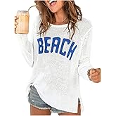 COZYEASE Women's Beach Cover Up Letter Print Long Sleeve Sweater Crew Neck Split Hem Crochet Jumper Top