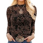Urchics Womens Mock Neck Mesh Tops Western T Shirts Long Sleeve Layering Tops See Through Trendy Outfits Going Out Tops
