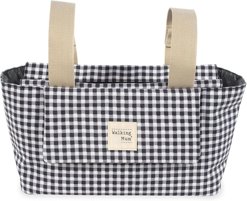 . Bolso organizador I Love Vichy. Bolsa de maternidad para silla de paseo. Asas cortas para fijar al carro. Color Negro. Medidas 31X17X12 cm.