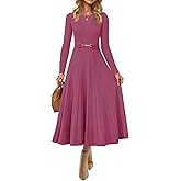 ZESICA Women's Long Sleeve Midi Sweater Dress 2026 Fall Crewneck Knit A Line Pleated Flowy Long Dresses with Belt