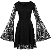 Wellwits Women's Flare Sleeves Lace Witchy Gothic 40s 50s Retro Vintage Dress