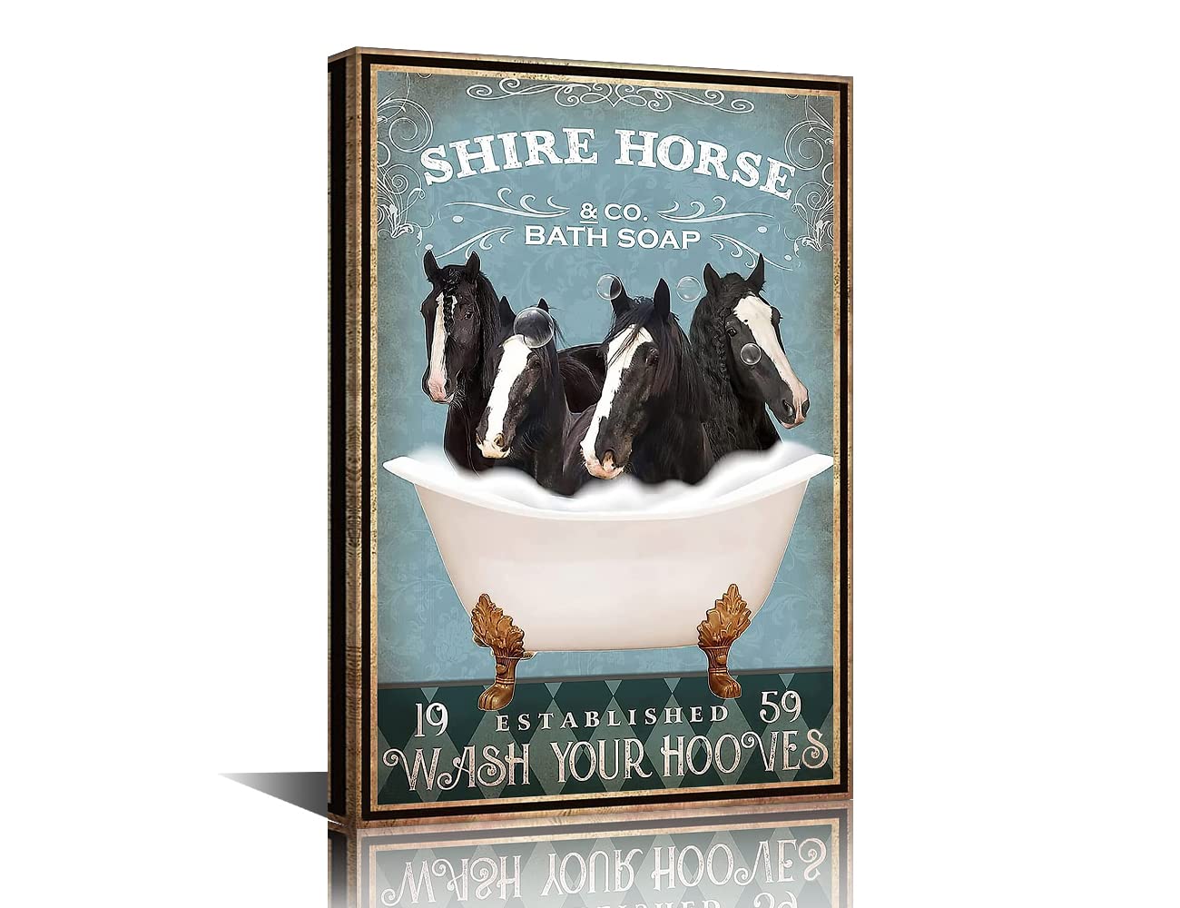 Funny Horse Bathroom Decor - Canvas Framed Shire Horse Black Vintage Wall Art - Ready to Hang - 18" W x 12" H
