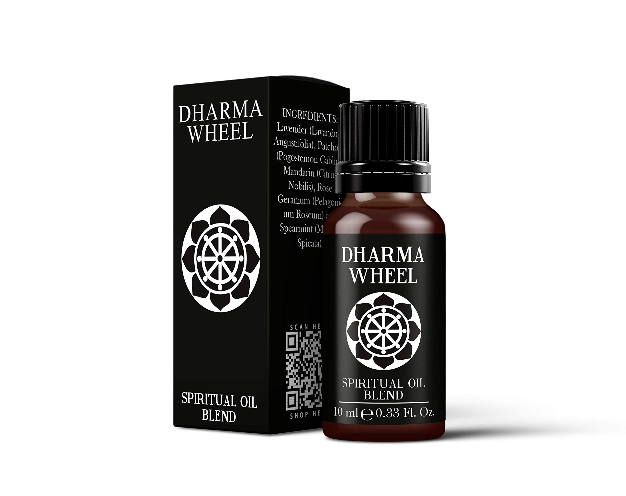 Mystix London | Dharma Wheel Spiritual Essential Oil Blend 10 ml | Lavender • Patchouli • Mandarin • Rose Geranium • Spearmint | Meditative Clarity Aroma | Vegan, GMO Free
