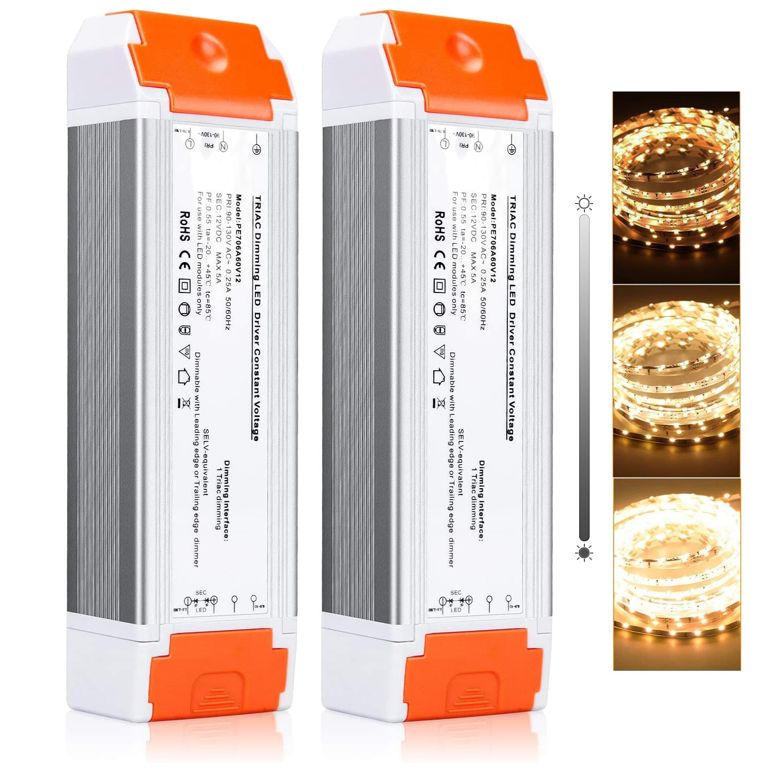 Photo 1 of LEDMO LED Driver 60W 12V DC Quiet Operation Universal Regulated Dimmable Power Supply Input/Output Isolation Protection Transformer Dimmable for LED Light 2 Pack