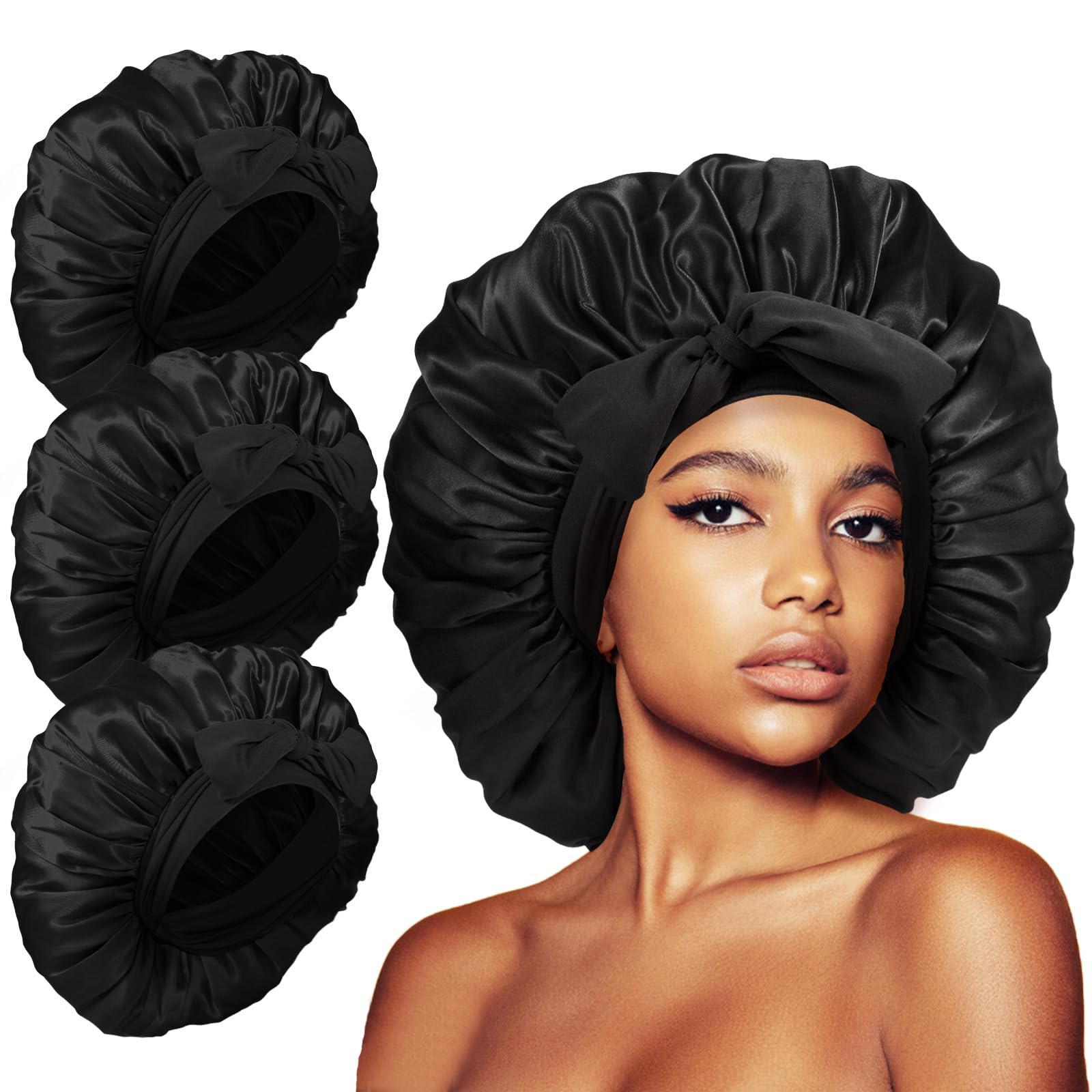 Photo 1 of 3Pcs Silk Bonnet for Sleeping Women, Extra Large Satin Bonnet for Black Curly Women Braids Hair Jumbo Bonnets(Black)