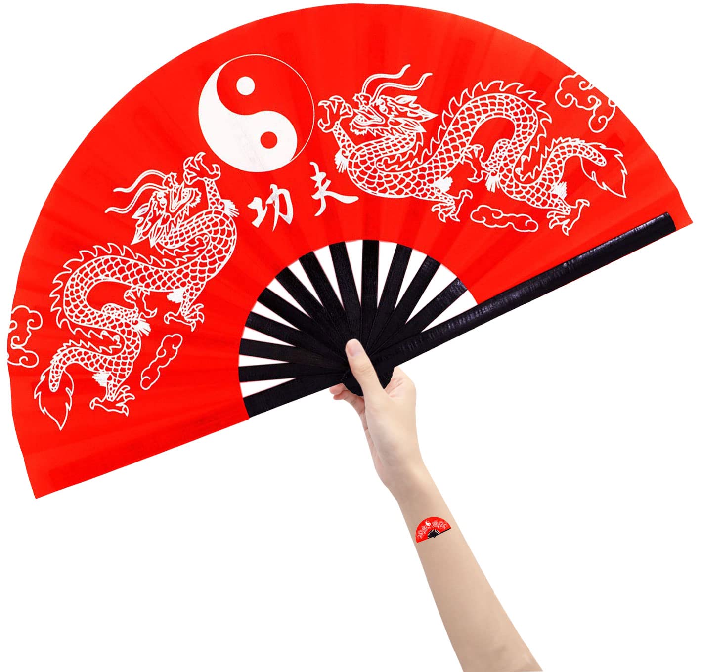 Amajiji Large Rave Folding Hand Fan, Red, Modern, 13" (closed), 25" (open), Unique Flick-Open Mechanism, Perfect for Cooling, Dance, Decoration, Festival, Gift