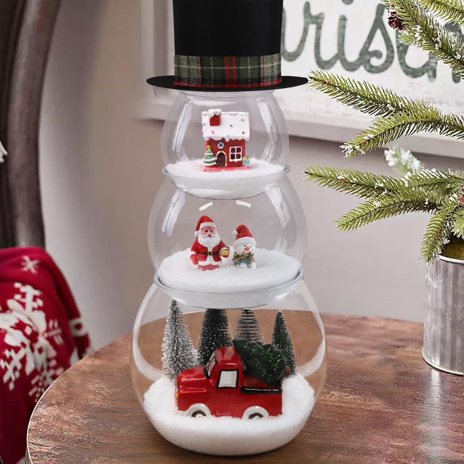 Snow Globes - Christmas Decorations Indoor - Christmas Decor - 3 Pack DIY Fish Bowl Snowman Crafts with Fake Snow & Tree & Figures & Top Hat - Xmas Holiday Decor for Home Room Table Centerpieces Mantle Shelf