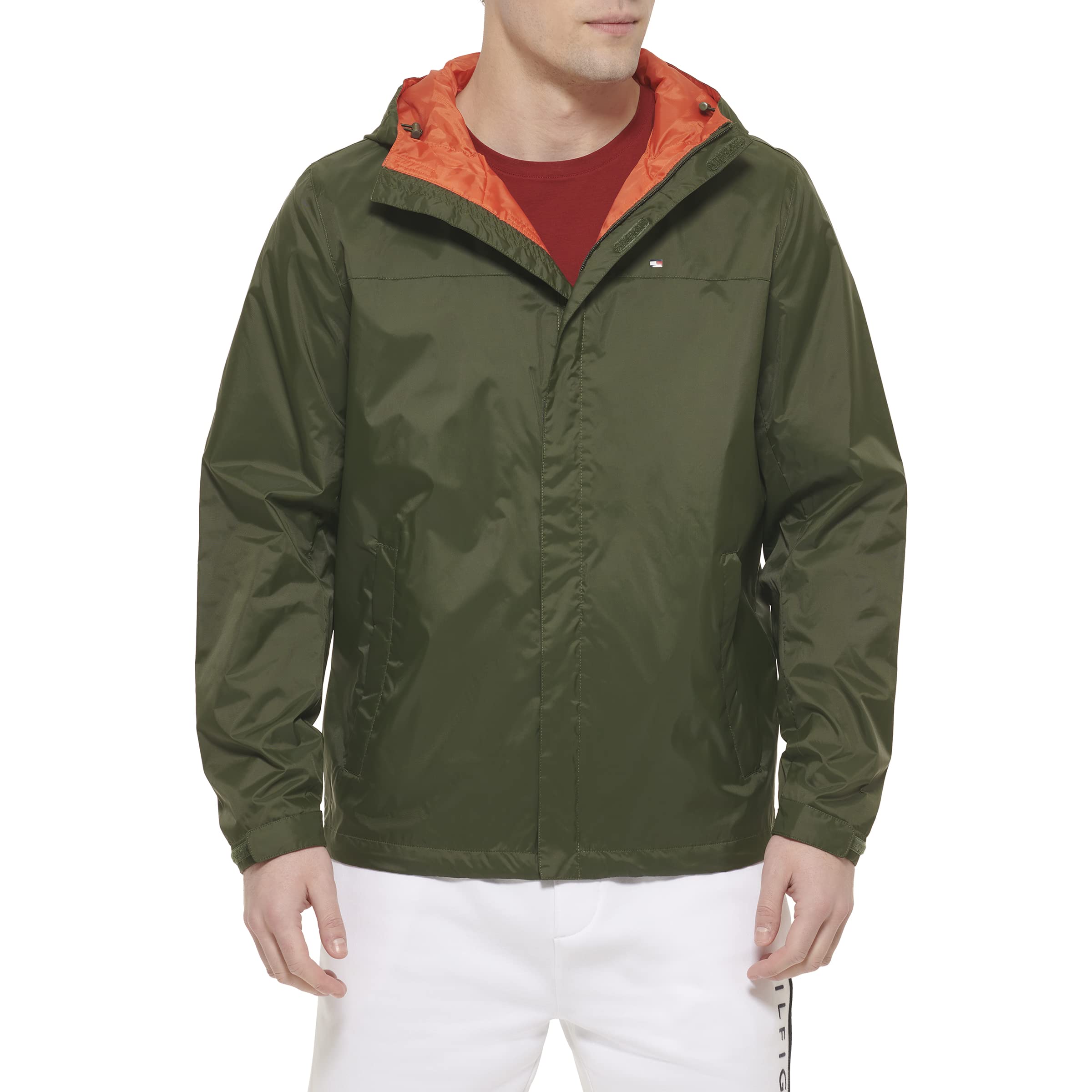 Tommy Hilfiger Mens Lightweight Breathable Waterproof Hooded Fleece Jacket, Olive, Large Tall US Image