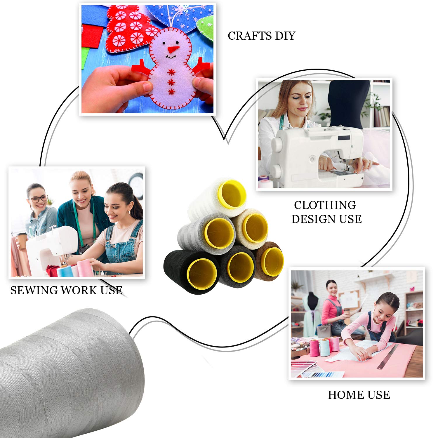 BBTO 6 Rolls 3000 Yard Each Serger Thread Polyester Cones Spool Thread for Sewing Serger Overlock Quilting Sewing Machine (Black, White, Beige, Grey, Dark Grey, Coffee)