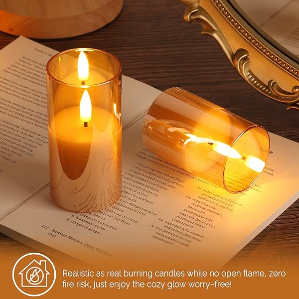 GIRIMAX GOLD GLASS FLAMELESS CANDLES WITH REMOTE BATTERIES, FLICKERING SLIM LED PILLAR CANDLES HOME TABLE DECOR SET OF 5