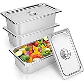 Axigundaone 3 Pack 1/3 Size Steam Table Pan with Lid, 4 Inch Deep Restaurant Hotel Pan, Stainless Steel Steam Containers for Household or Kitchen Use