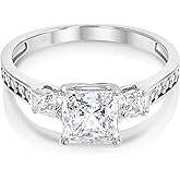 Ioka Solid 925 Sterling Silver 1.5 Ct. CZ Cubic Zirconia 3 Stone Engagement Ring Princess Cut Solitaire with Round Side Stones